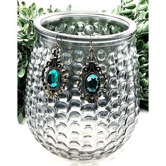 Vintage Style Bronze and Teal Green Resin Dangle Earrings - Picture 4 of 4